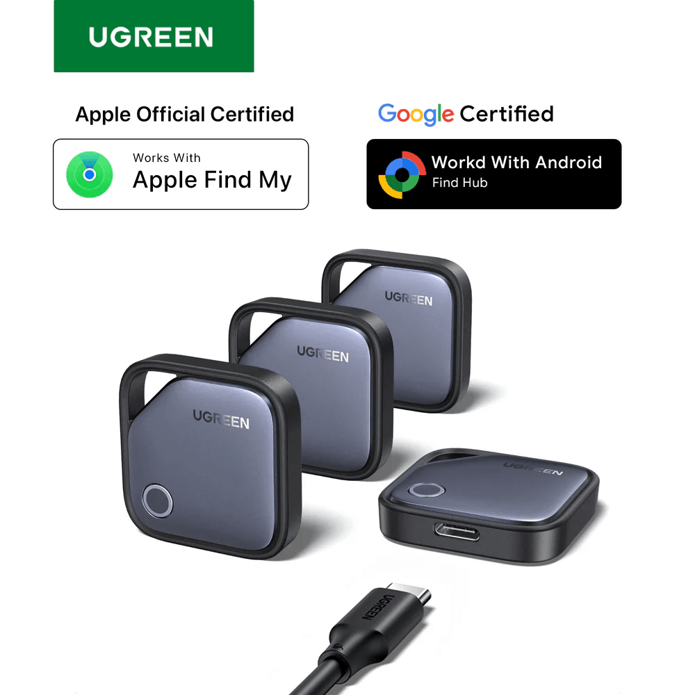 Ugreen Finder Pro 4-Pack of Smart Tag Bluetooth Item Finder USB C Rechargeable Battery for Apple Find My and Google Hub