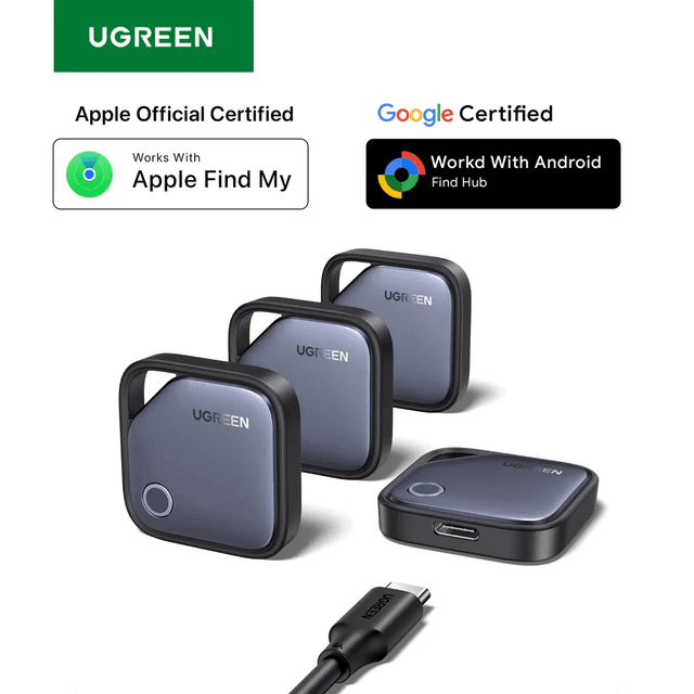Ugreen Finder Pro 4-Pack of Smart Tag Bluetooth Item Finder USB C Rechargeable Battery for Apple Find My and Google Hub